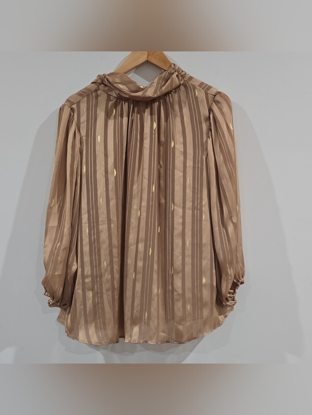 Womens Blouse L Brown Gold Striped High Neck Long Sleeve Metallic Zac and Rachel